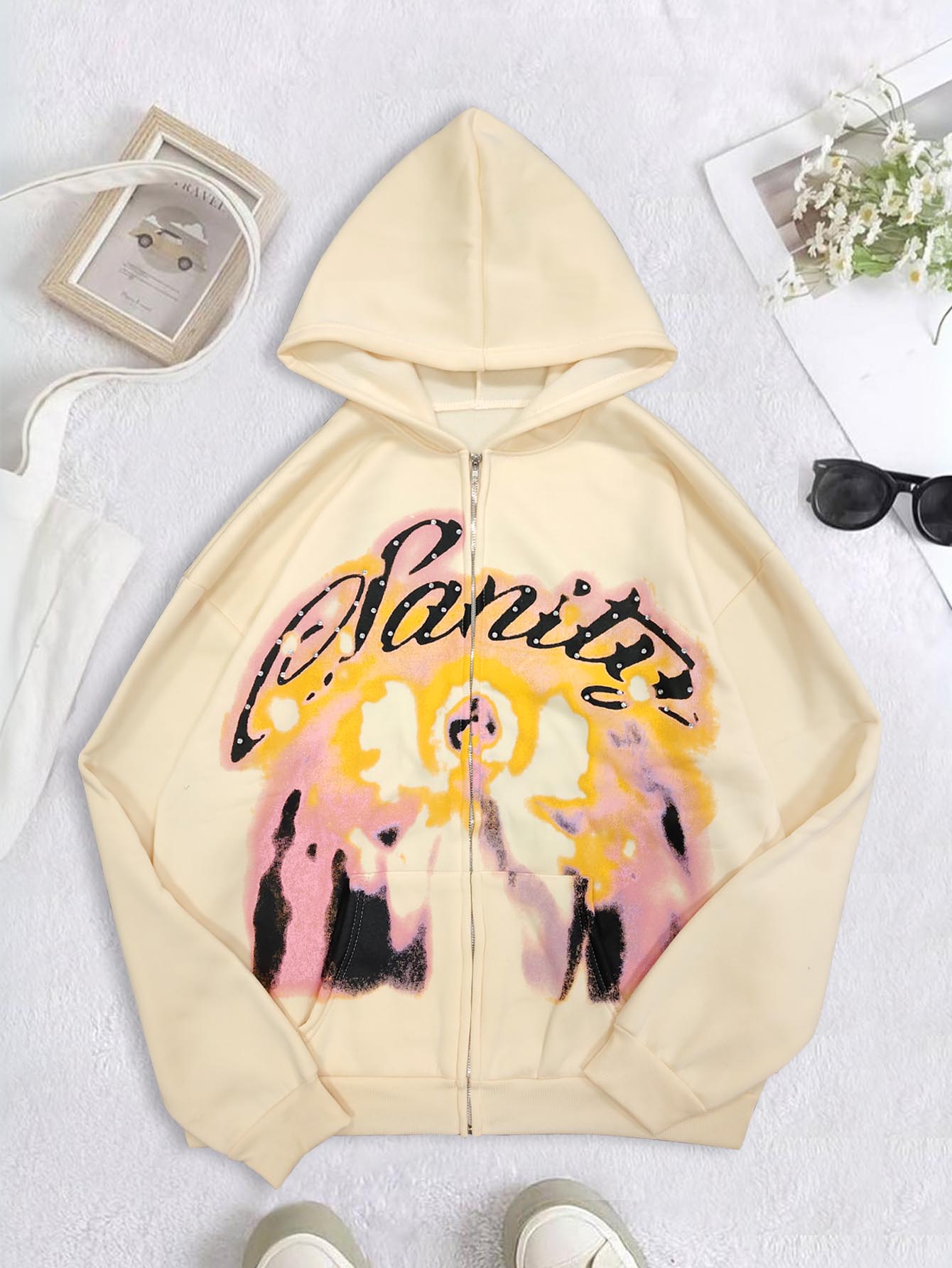 Embroidery Zip Up Hoodie - الأمريكية الرجعية الخريف والشتاء شارع العليا
