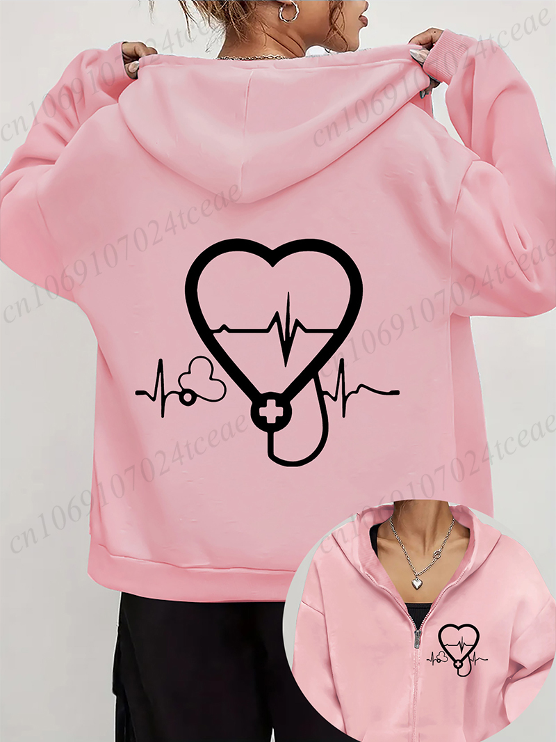 Embroidery Zip Up Hoodie - المرأة الخريف الشتاء هوديس السماعة EKG