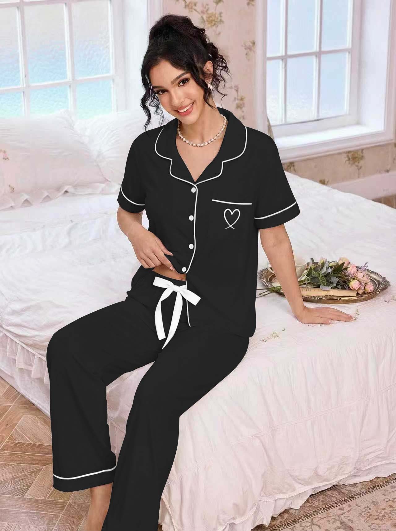 Embroidery Set - طقم بيجامة نسائية بياقة مطوية مع